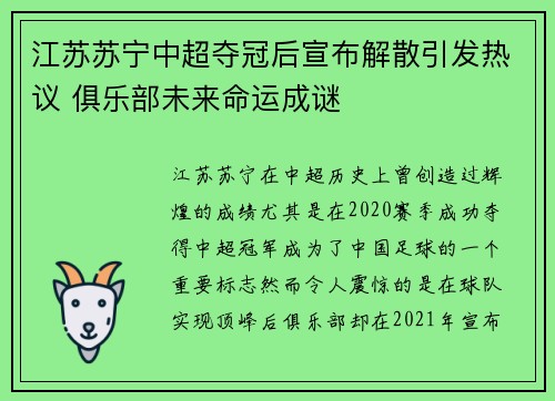 江苏苏宁中超夺冠后宣布解散引发热议 俱乐部未来命运成谜 江苏苏宁中超夺冠后宣布解散引发热议 俱乐部未来命运成谜